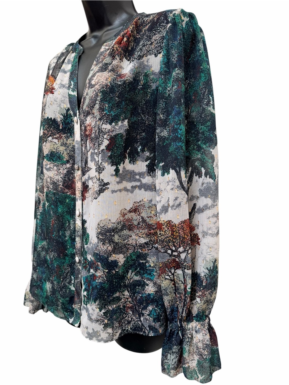 White House Black Market M Scenic Toile Print Sheer Blouse Ruffle Cuff - Picture 6 of 15